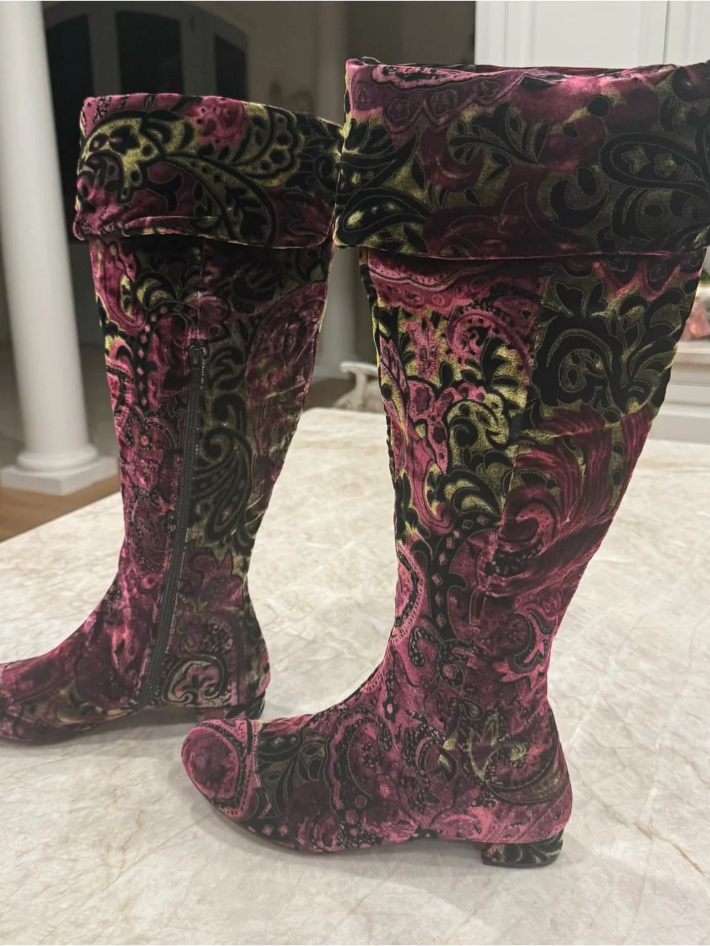 Born Velvet Paisley Over-the-Knee Boots - Pink and Black